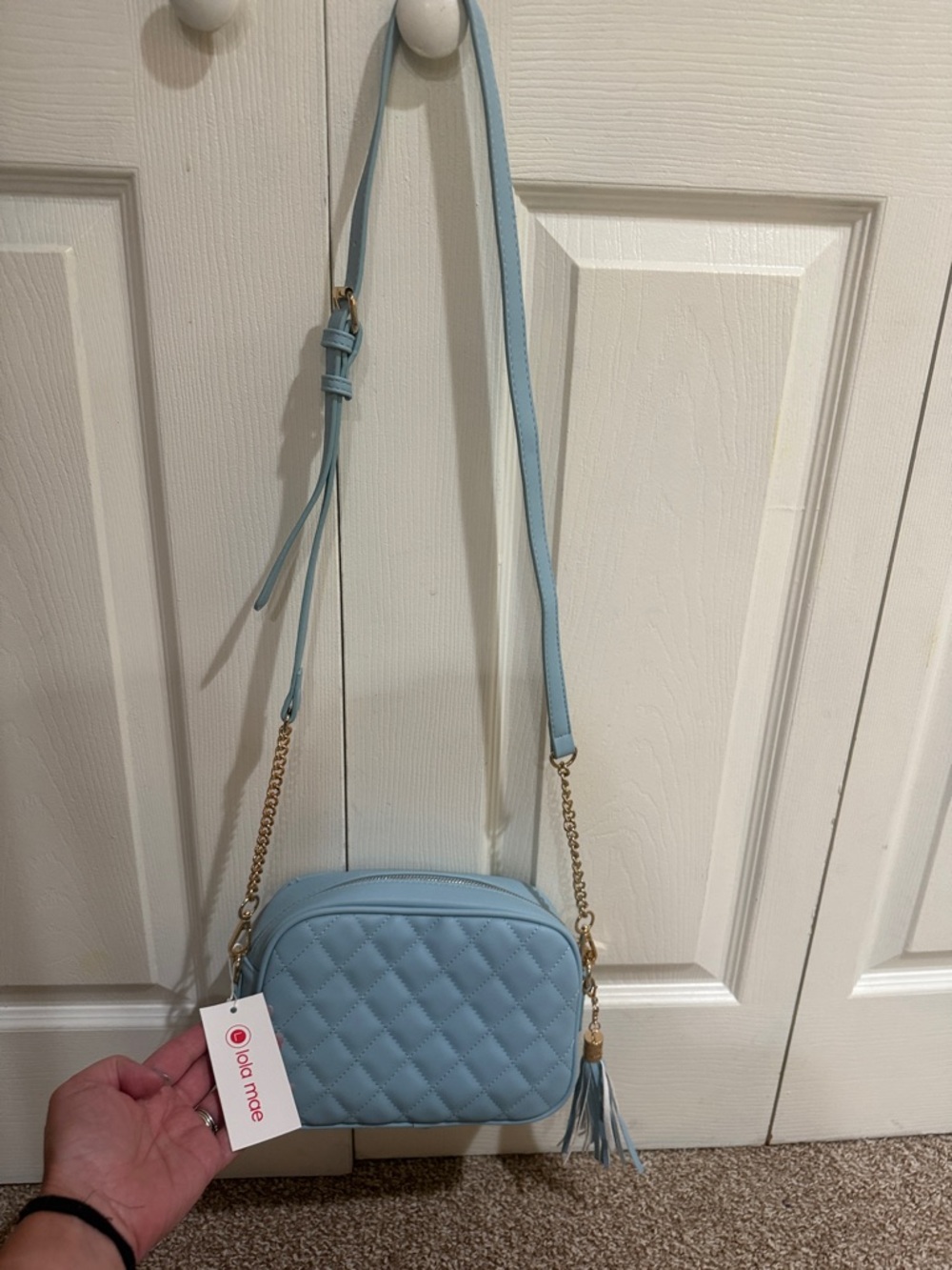 Lola Mae Light Blue Quilted Crossbody Bag with Tassel NWT